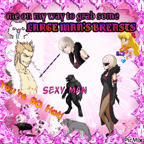 a picture of a large man 's breasts that says sexy man on it