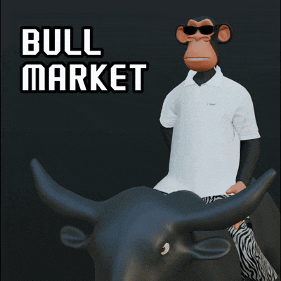 a monkey is sitting on the back of a bull with the words bull market behind him