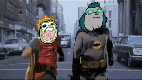 a cartoon of batman and robin running down a city street