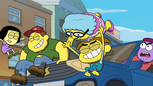 a group of cartoon characters are riding in a truck