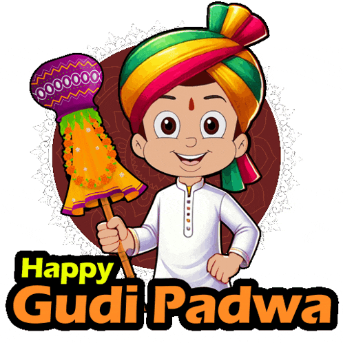 a cartoon illustration of a boy holding a stick with the words happy gudi padwa below him