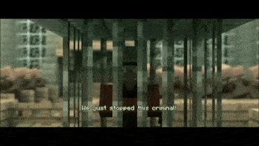 a pixelated image of a man behind bars with the words " we just stopped this criminal " above him