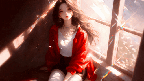 a girl in a red jacket sits on a window sill