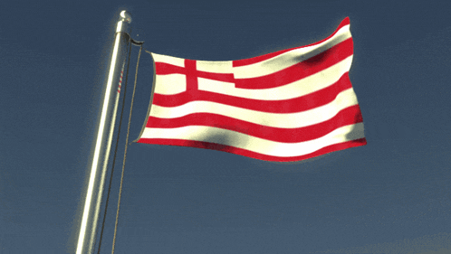 a red white and blue flag is flying in the wind