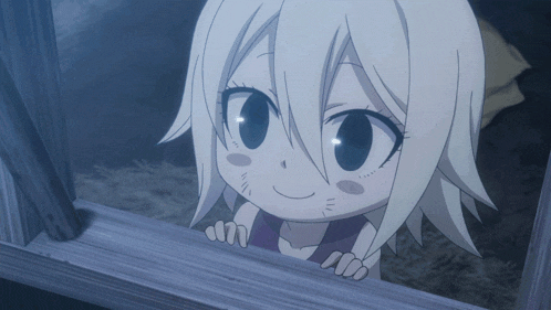 a little girl with white hair is peeking over a wooden railing