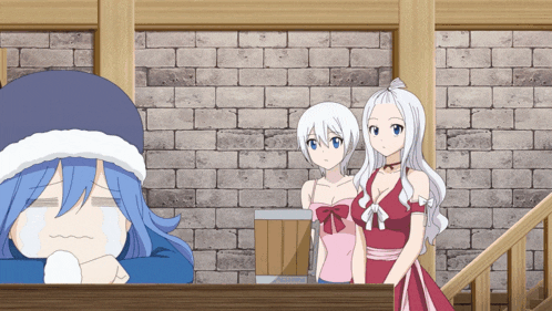 two anime girls are standing in front of a brick wall and one has a sad look on her face
