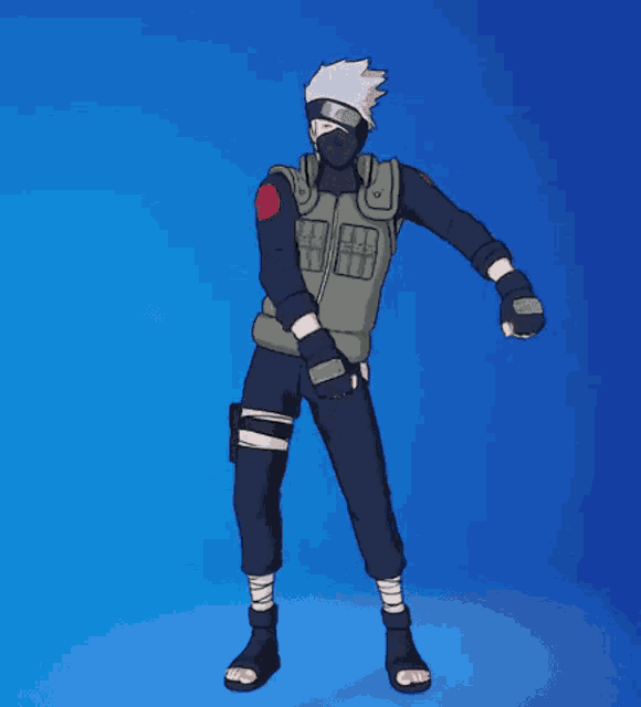 a man with a mask on his face is dancing on a blue background .
