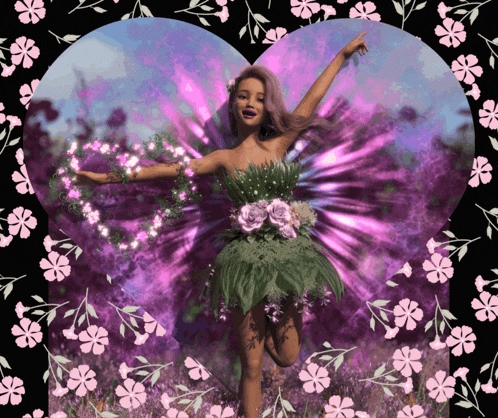 a woman in a fairy costume is surrounded by purple and pink flowers