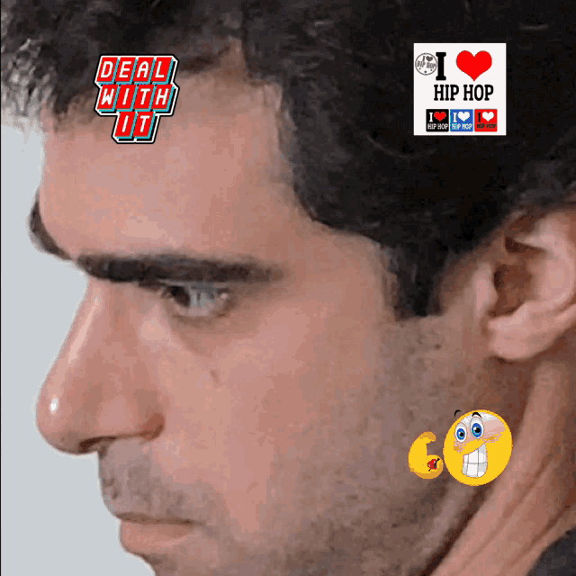 a man 's face with a sticker that says deal with it on it