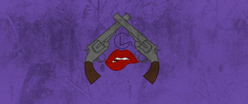 a purple background with a woman 's lips and two guns with the letter l on them