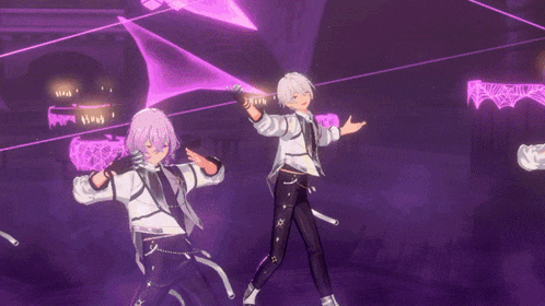 two anime characters are dancing in a purple room