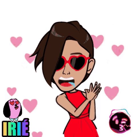 a cartoon of a woman wearing sunglasses and a red dress surrounded by hearts and the word irie