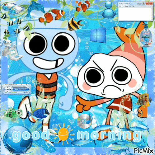 a picture of two cartoon characters with the words good morning written on it