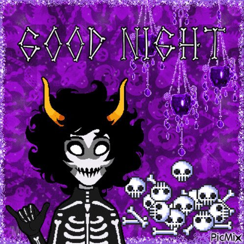 a cartoon of a skeleton with horns and the words good night on a purple background