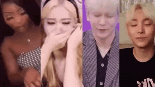 a collage of four pictures of a woman , a man , and a girl making funny faces .