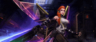 a woman with red hair is holding a sword in a video game