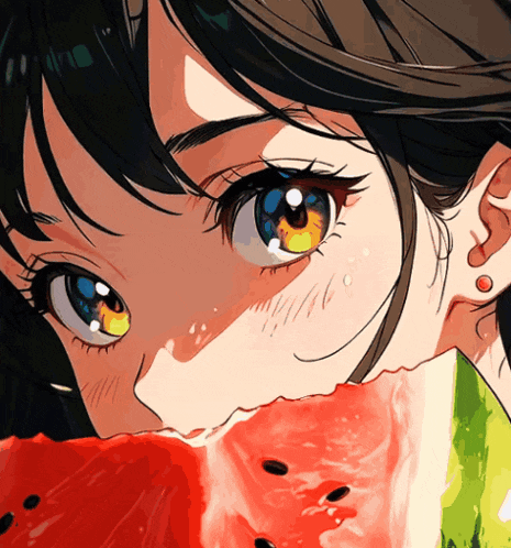 a girl is eating a slice of watermelon with her eyes closed