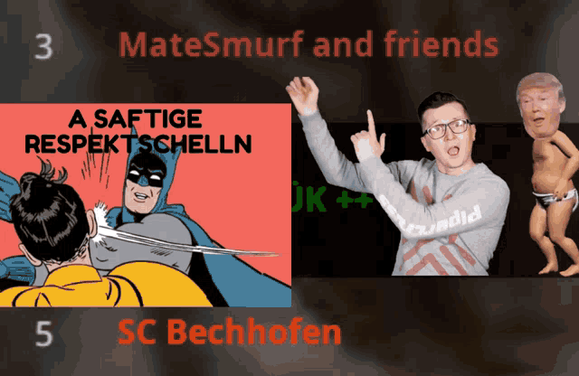 a cartoon of batman being punched by another man with the words mate smurf and friends below it