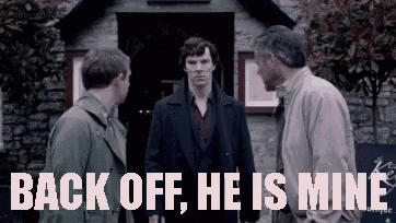 three men are standing in front of a building with the words back off he is mine written on the bottom