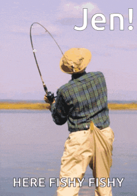 a man in a plaid shirt is fishing with the words here fishy fishy