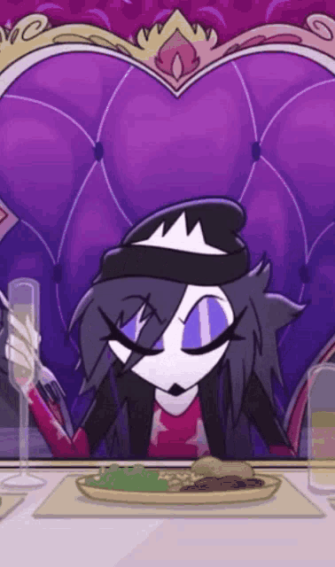 a cartoon character is sitting at a table with a plate of food and a glass of champagne