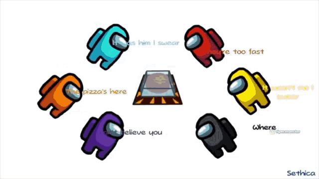 among us characters are shown in a circle with one saying " he went "