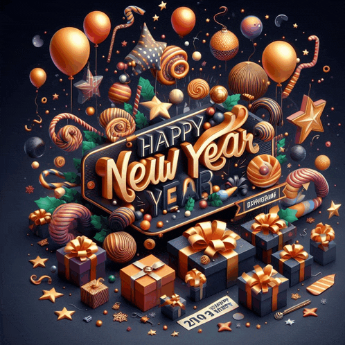 a greeting card that says happy new year surrounded by gifts and balloons