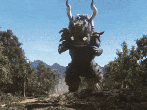 a monster with horns is jumping in the air in a forest