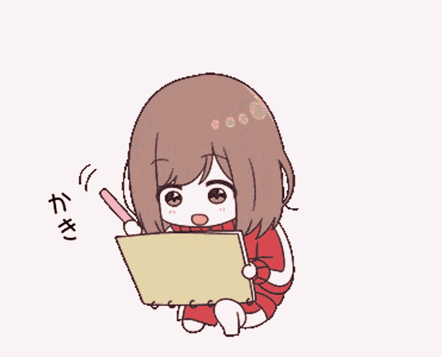 a girl in a red jacket is holding a piece of paper and a pen