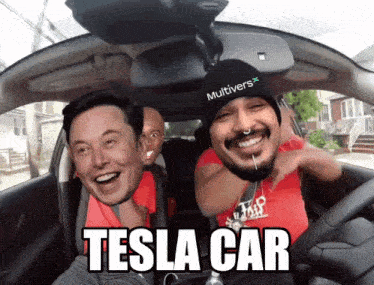 elon musk and a man in a car with the words tesla car on the bottom