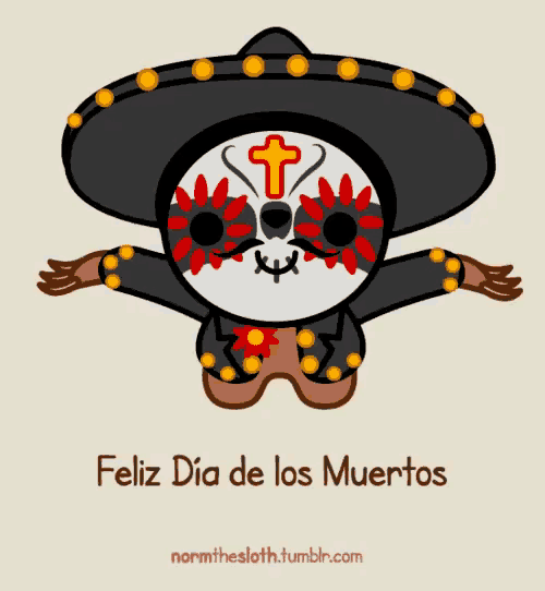 a cartoon drawing of a skull with a sombrero and the words feliz dia de los muertos below it