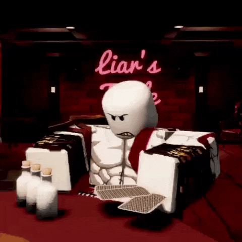 a cartoon character is sitting at a table in front of a neon sign that says liar 's