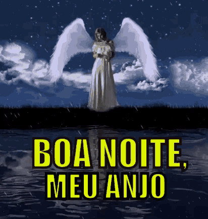 an angel is standing in the water with the words boa noite meu anjo below it
