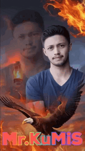 a man in a blue shirt is standing next to a bald eagle flying in the air .