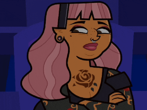 a cartoon of a woman with pink hair and a tattoo of a rose on her chest