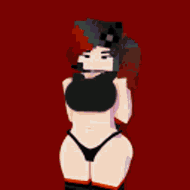 a pixel art of a girl in a crop top and black pants