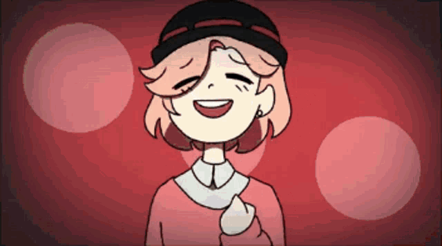a cartoon character with pink hair and a black hat