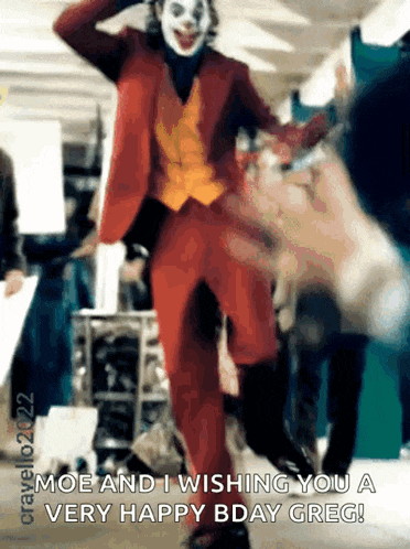 a man in a joker costume is dancing and wishing someone a very happy birthday