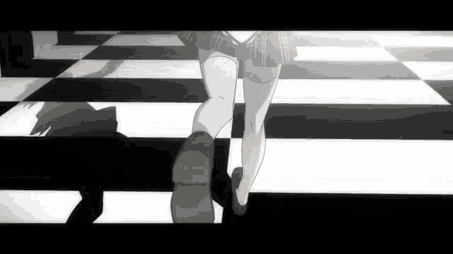 a girl in thigh high socks is walking on a checkerboard floor