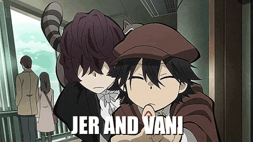 a couple of anime characters standing next to each other with the words ' j.r. and vani ' on the bottom