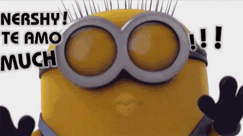 a minion wearing goggles says nershy te amo much !