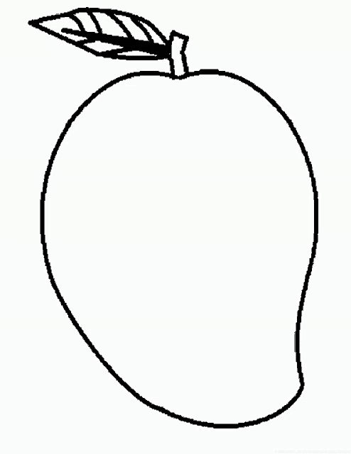 a black and white drawing of a mango with a leaf on it