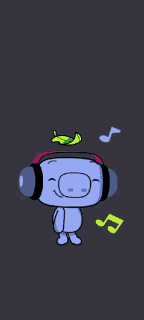 a cartoon character wearing headphones and a green leaf on his head