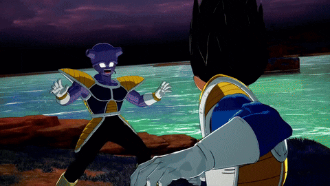 a cartoon character with a purple head is standing next to another character