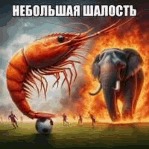 a shrimp is standing on a soccer ball next to an elephant on a field .
