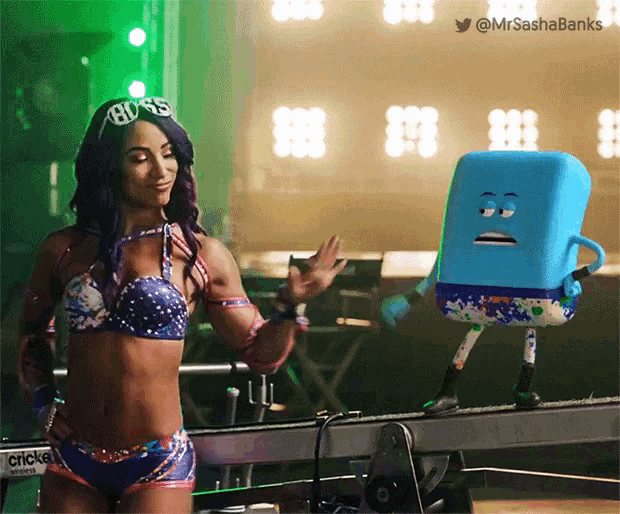 a woman in a bikini with the word boss on her head stands next to a blue robot