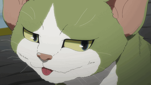 a close up of a green and white cat with its tongue out