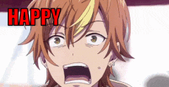 a close up of a anime character with a surprised look on his face and the words `` happy '' above him .
