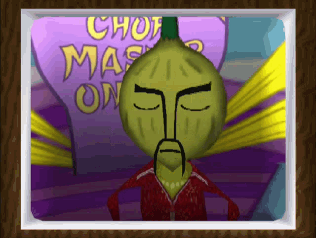 a picture of a cartoon character in front of a sign that says chop mas on