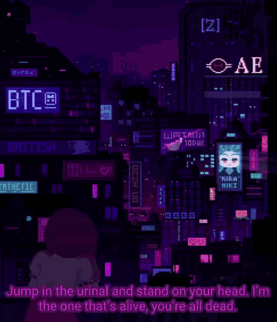 a pixel art of a city with a girl standing in front of a sign that says btc on it